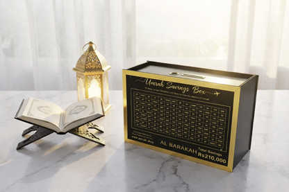 Premium Wooden Umrah Saving Box – 280 Days Halal Savings Plan for Hajj & Umrah