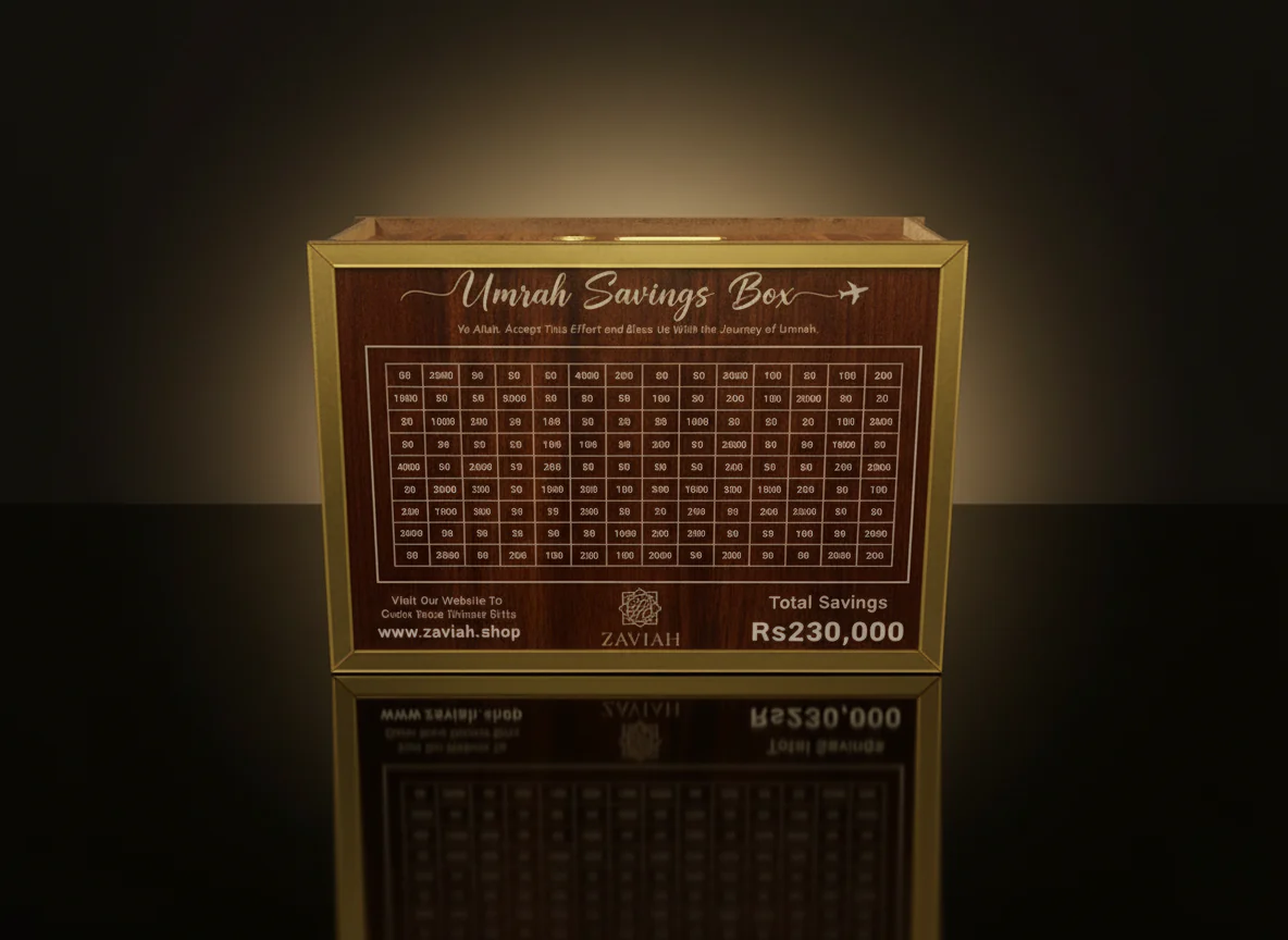 Premium Wooden Umrah Saving Box – 280 Days Halal Savings Plan for Hajj & Umrah