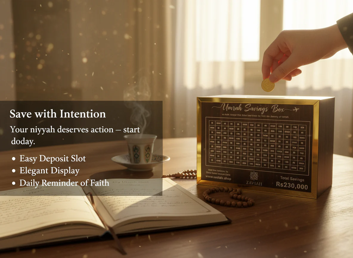Premium Wooden Umrah Saving Box – 280 Days Halal Savings Plan for Hajj & Umrah