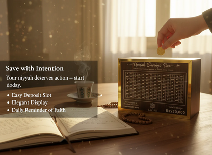 Premium Wooden Umrah Saving Box – 280 Days Halal Savings Plan for Hajj & Umrah